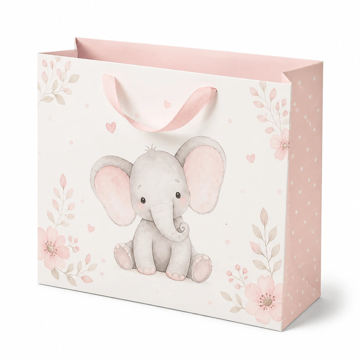 Sacchetto regalo 32 x 12 x 26 cm in carta bianco e rosa con manici a nastro stile floreale