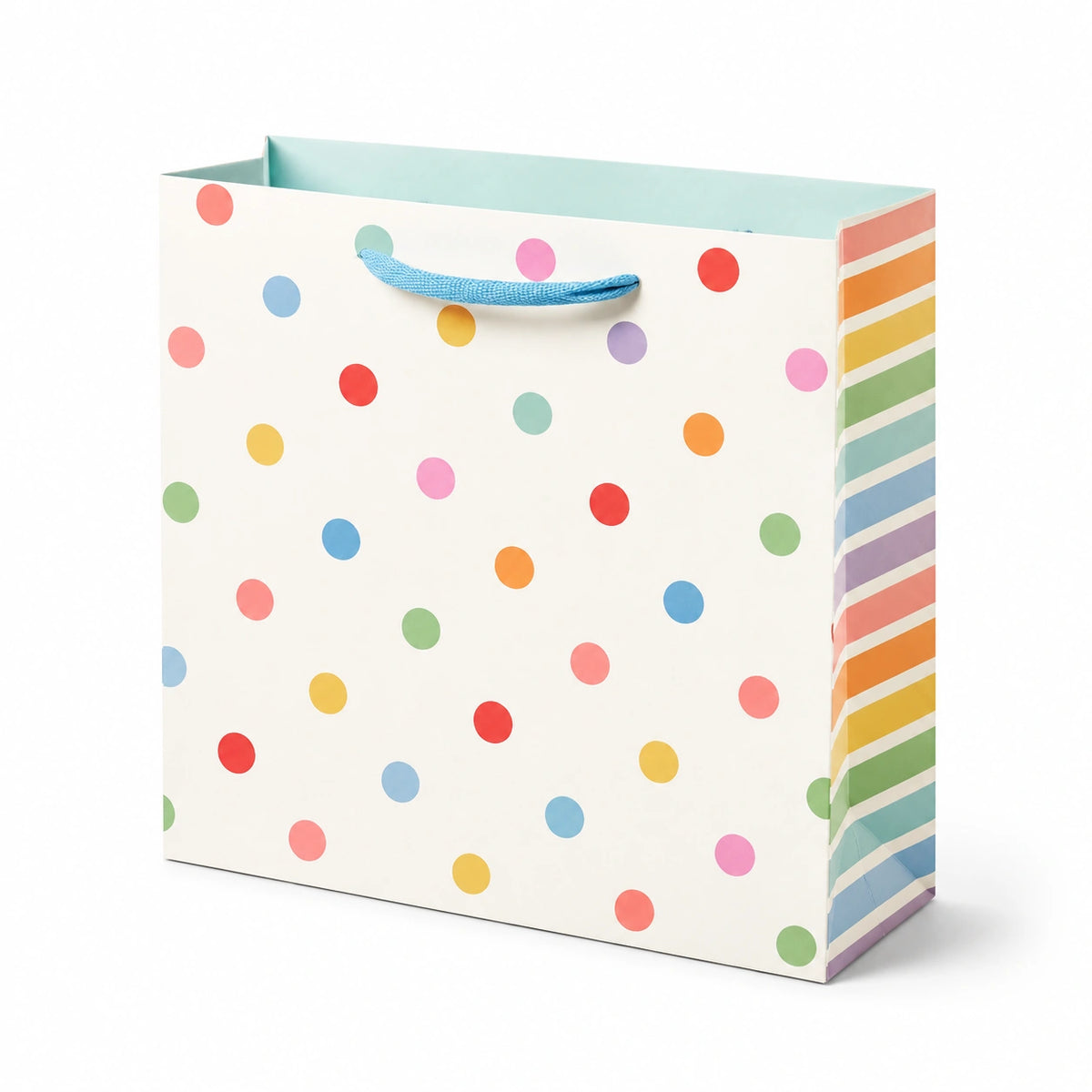 Sacchetto regalo 32 x 12 x 26 cm in carta bianca multicolore con manici in corda stile pois