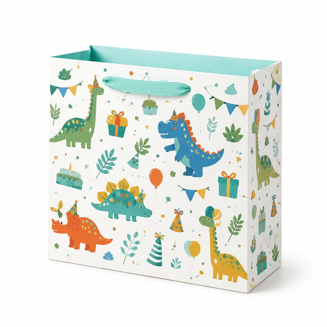 Sacchetto regalo 32x12x26 cm in carta bianca con dinosauri e manici in nastro