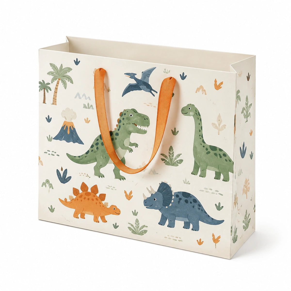 Sacchetto regalo in carta 30 x 12 x 25 cm beige con dinosauri - manici in tessuto