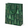 Sacchetto regalo 26 x 12 x 32 cm in carta verde con alberi natalizi e manici intrecciati