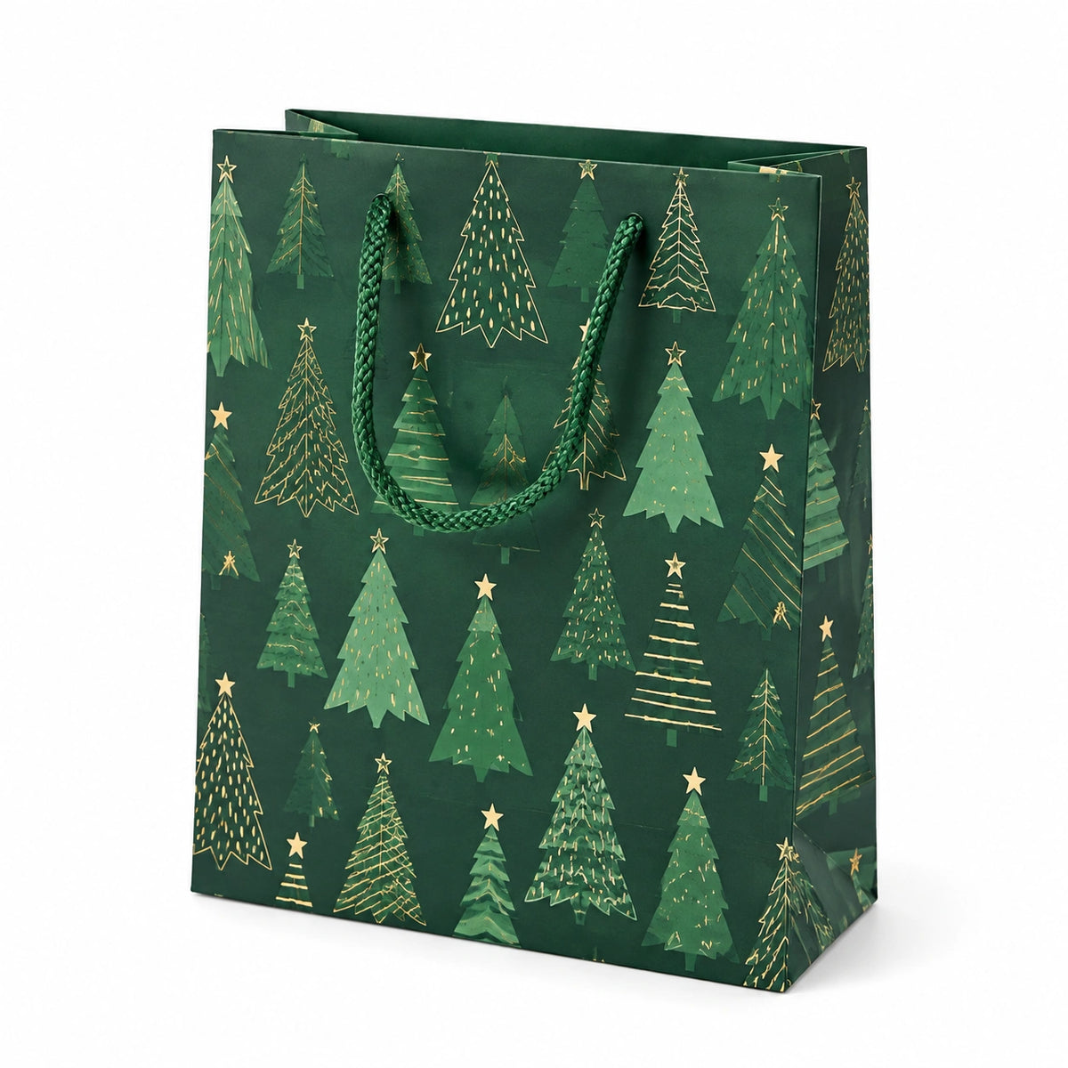 Sacchetto regalo 26 x 12 x 32 cm in carta verde con alberi natalizi e manici intrecciati