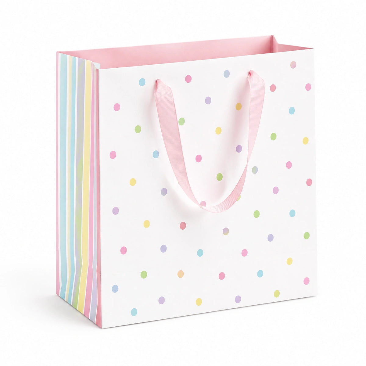 Sacchetto regalo 26 x 12 x 32 cm in carta bianco rosa multicolore con manici - pois stile festivo