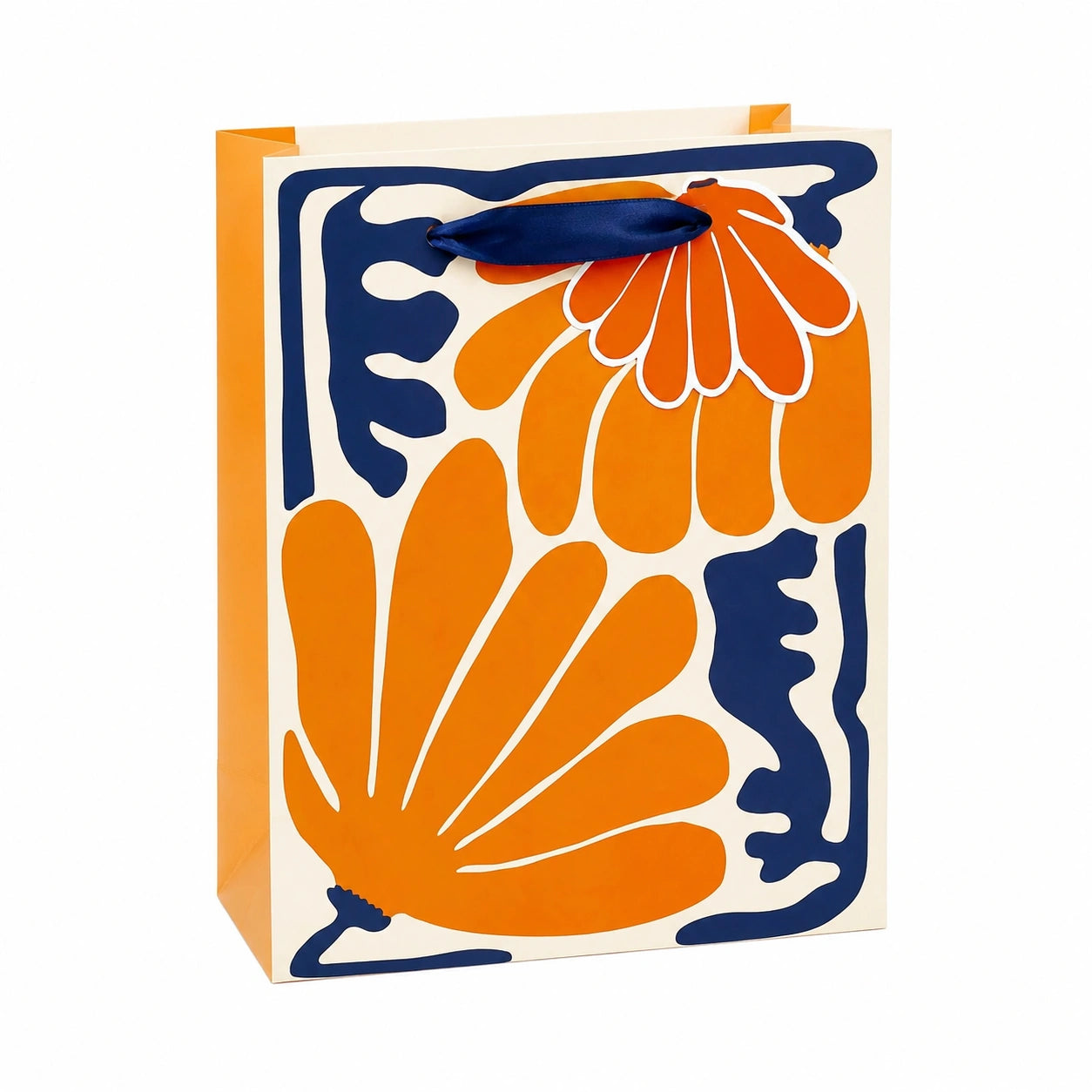 Sacchetto regalo 26 x 12 x 32 cm in carta arancione bianca e blu con manici in nastro stile floreale