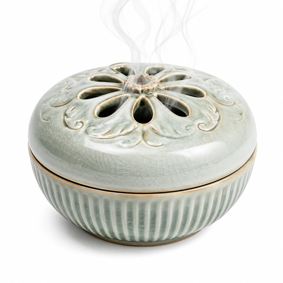 Bruciatore per incenso in ceramica verde chiaro Ø 15 cm con coperchio traforato decorativo