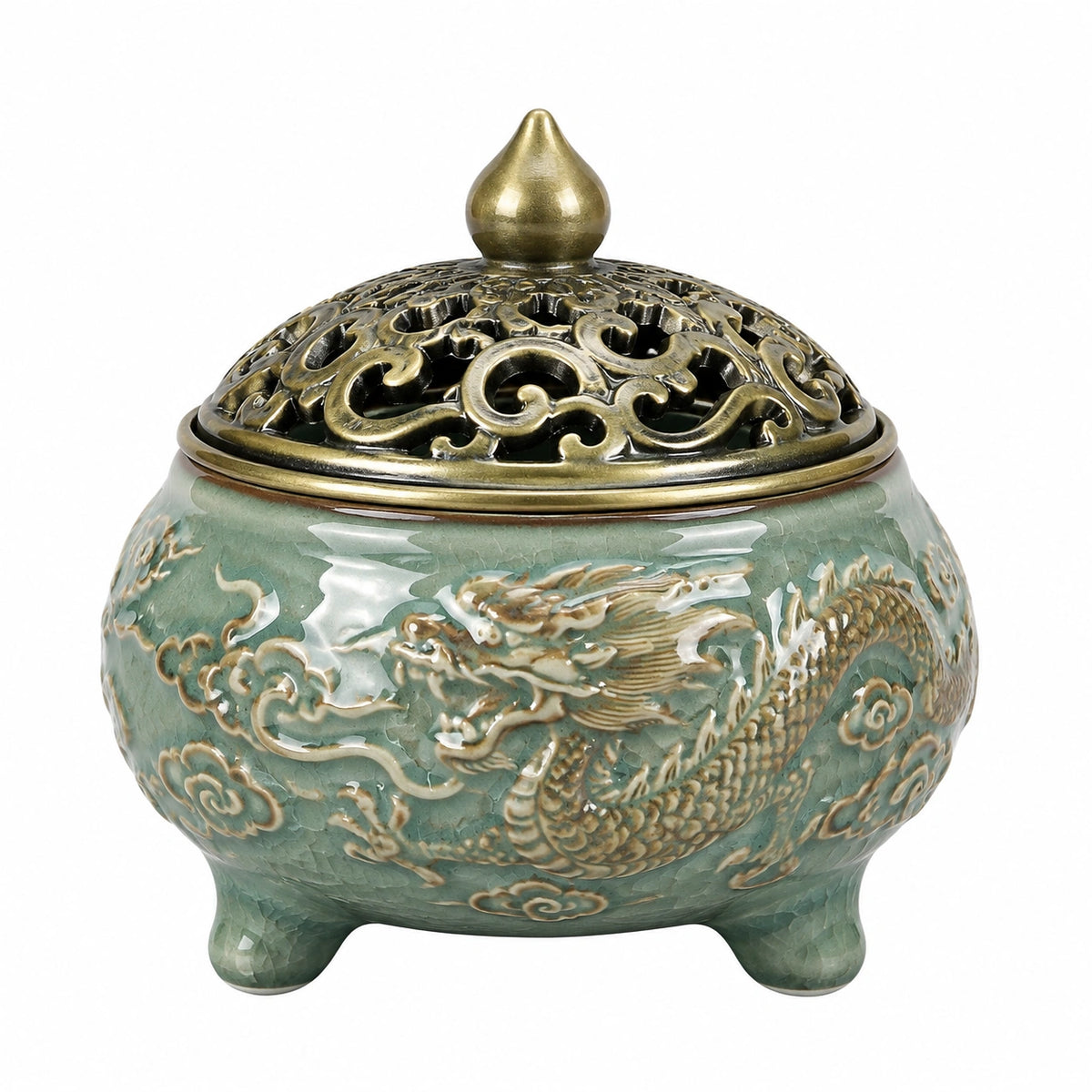 Bruciatore d'incenso in ceramica Ø 16 cm verde e oro con coperchio traforato decorativo