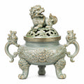 Bruciatore d'incenso in ceramica 35 x 20 x 35 cm verde e oro con coperchio traforato decorativo