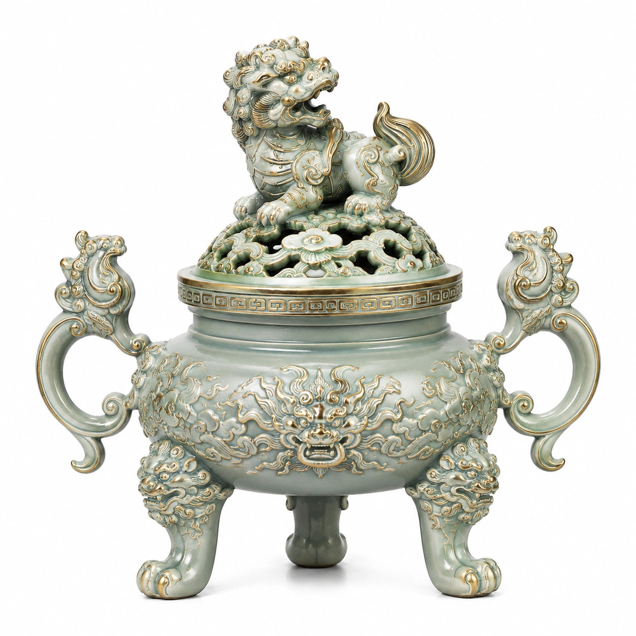 Bruciatore d'incenso in ceramica 35 x 20 x 35 cm verde e oro con coperchio traforato decorativo