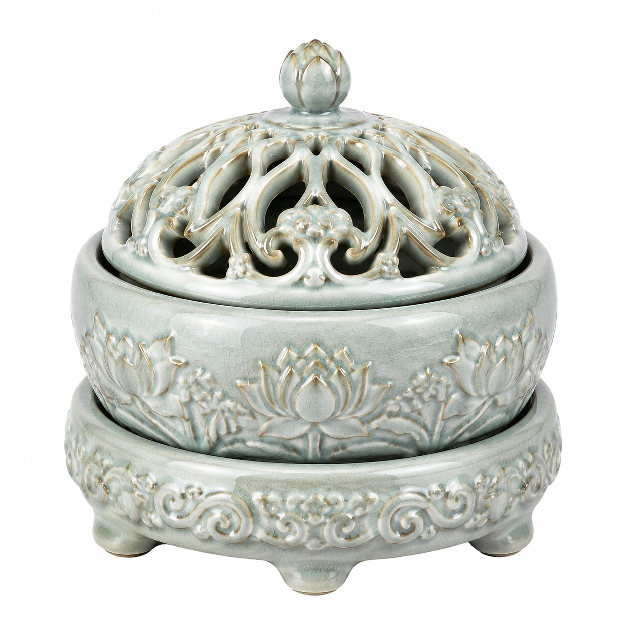 Bruciatore d'incenso in ceramica diametro 20 cm verde celadon traforato con coperchio decorativo
