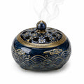 Bruciatore d'incenso in ceramica Ø 18 cm blu e oro con coperchio traforato decorativo