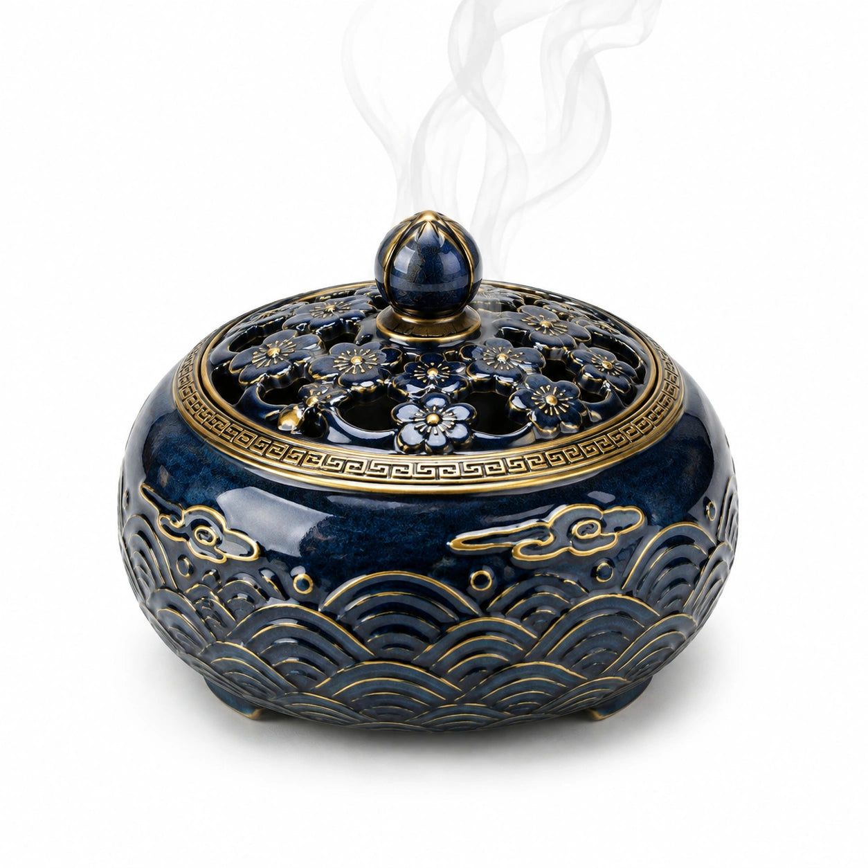 Bruciatore d'incenso in ceramica Ø 18 cm blu e oro con coperchio traforato decorativo