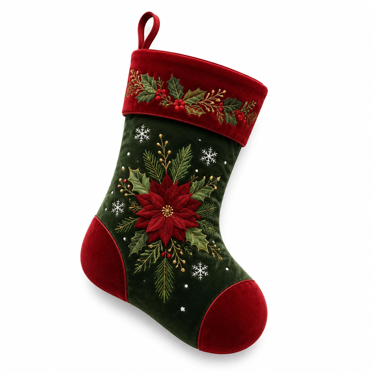Calza natalizia 45 cm in tessuto vellutato rosso/verde con ricamo floreale da appendere