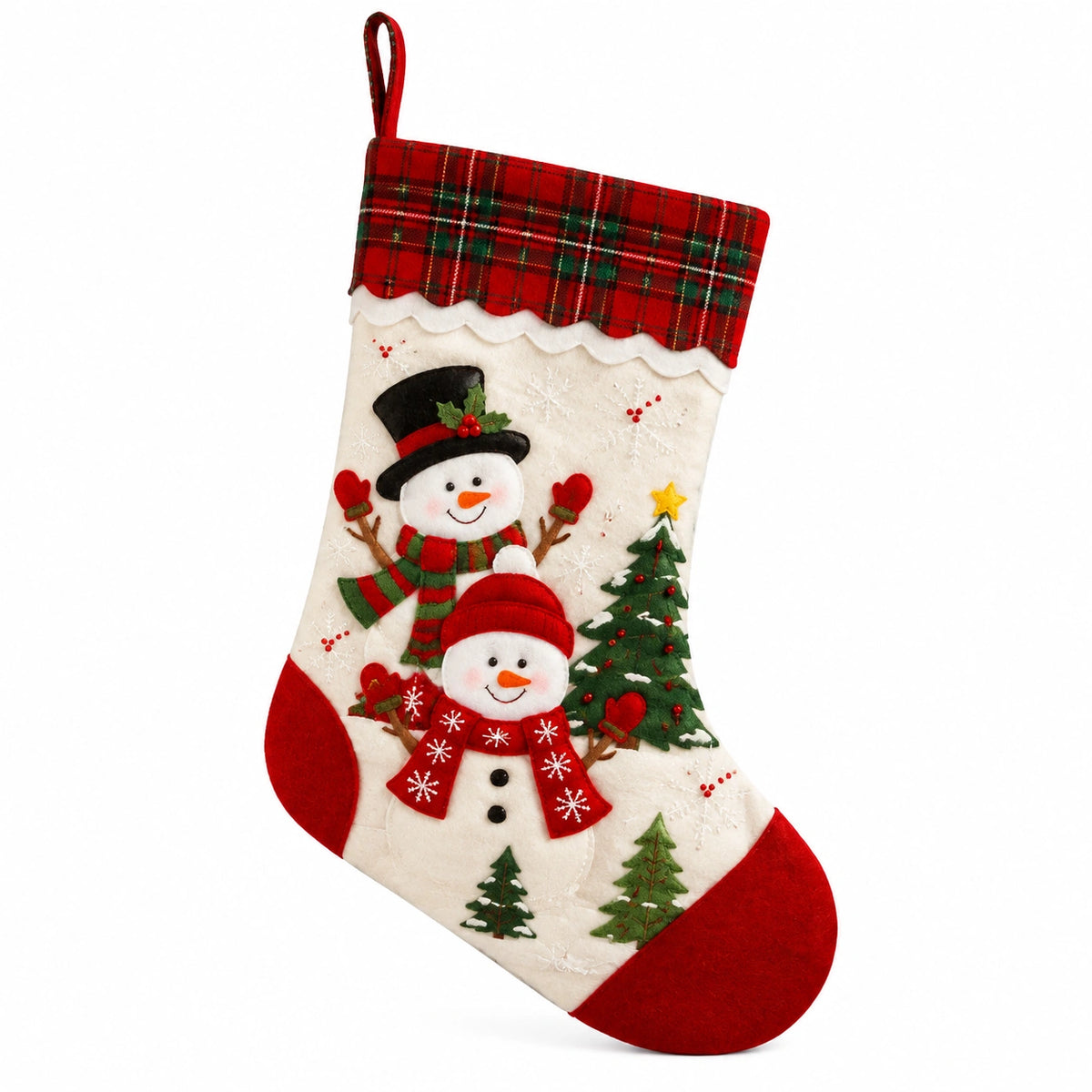 Calza natalizia 45 cm in tessuto rosso bianco e verde - decorazione da appendere con pupazzi di neve