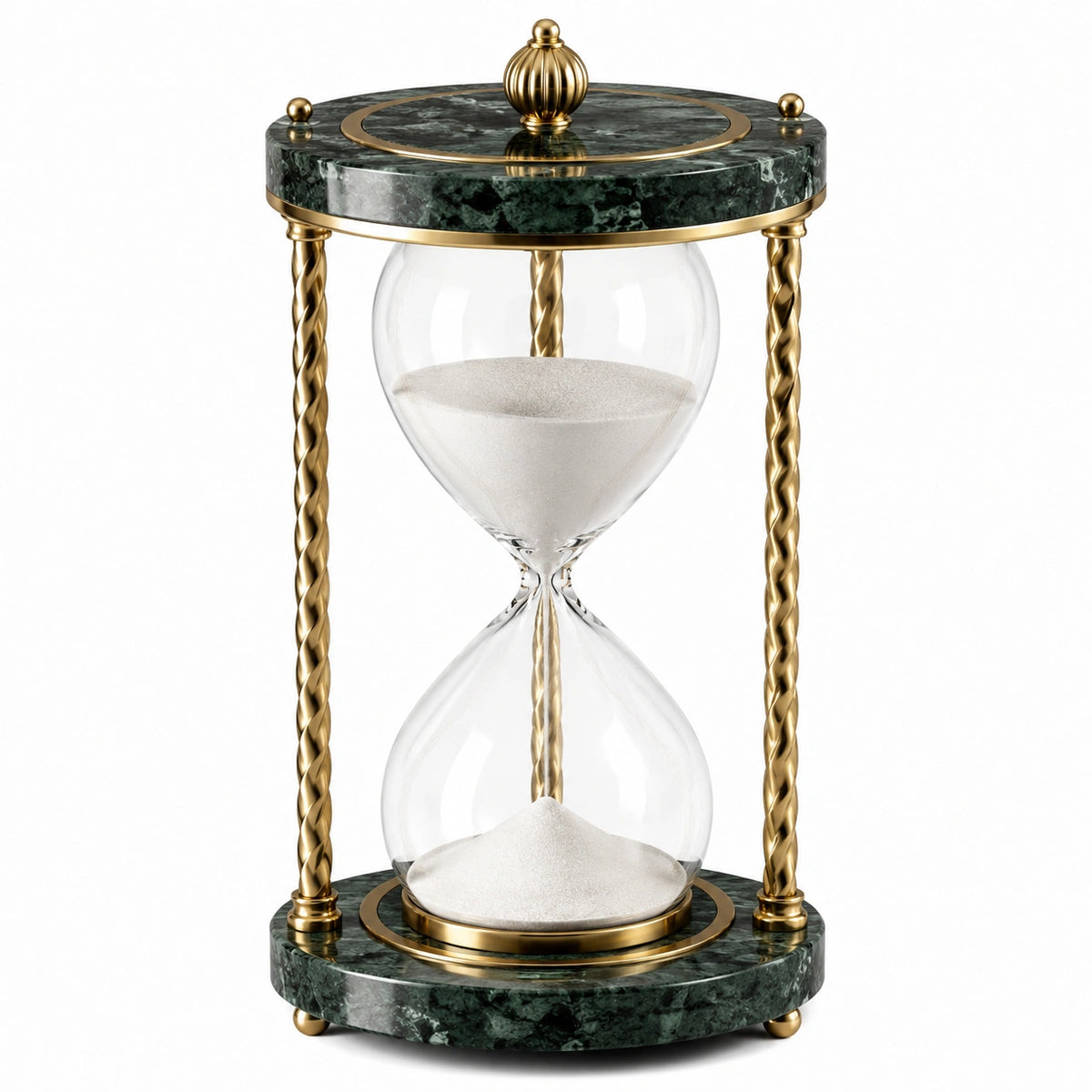 Clessidra decorativa diametro 20 cm altezza 45 cm in vetro e marmo verde con struttura dorata