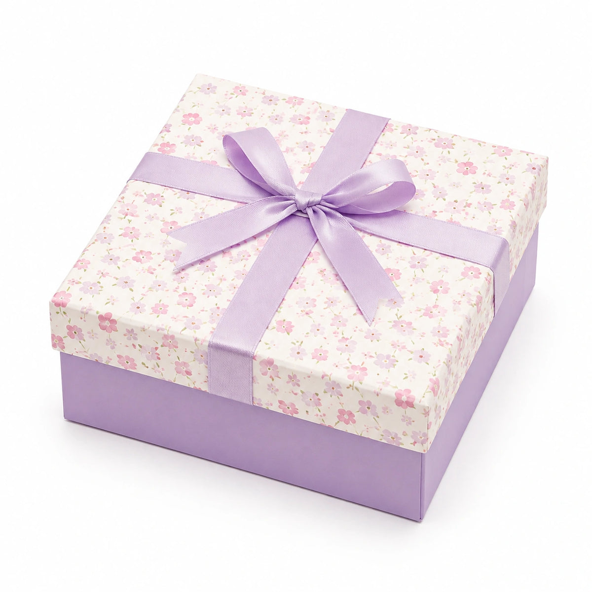 Scatola regalo 25 x 25 x 10 cm in cartone lilla con motivo floreale e nastro decorativo